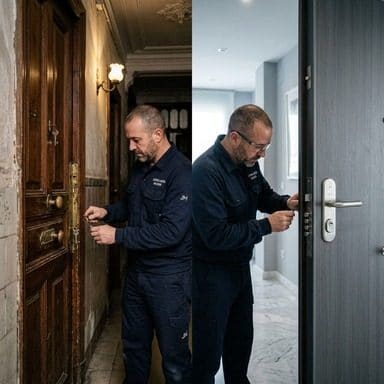 Cerrajero trabajando en la cerradura de una puerta de madera de finca antigua del centro de Madrid junto a la misma intervención en una puerta blindada moderna