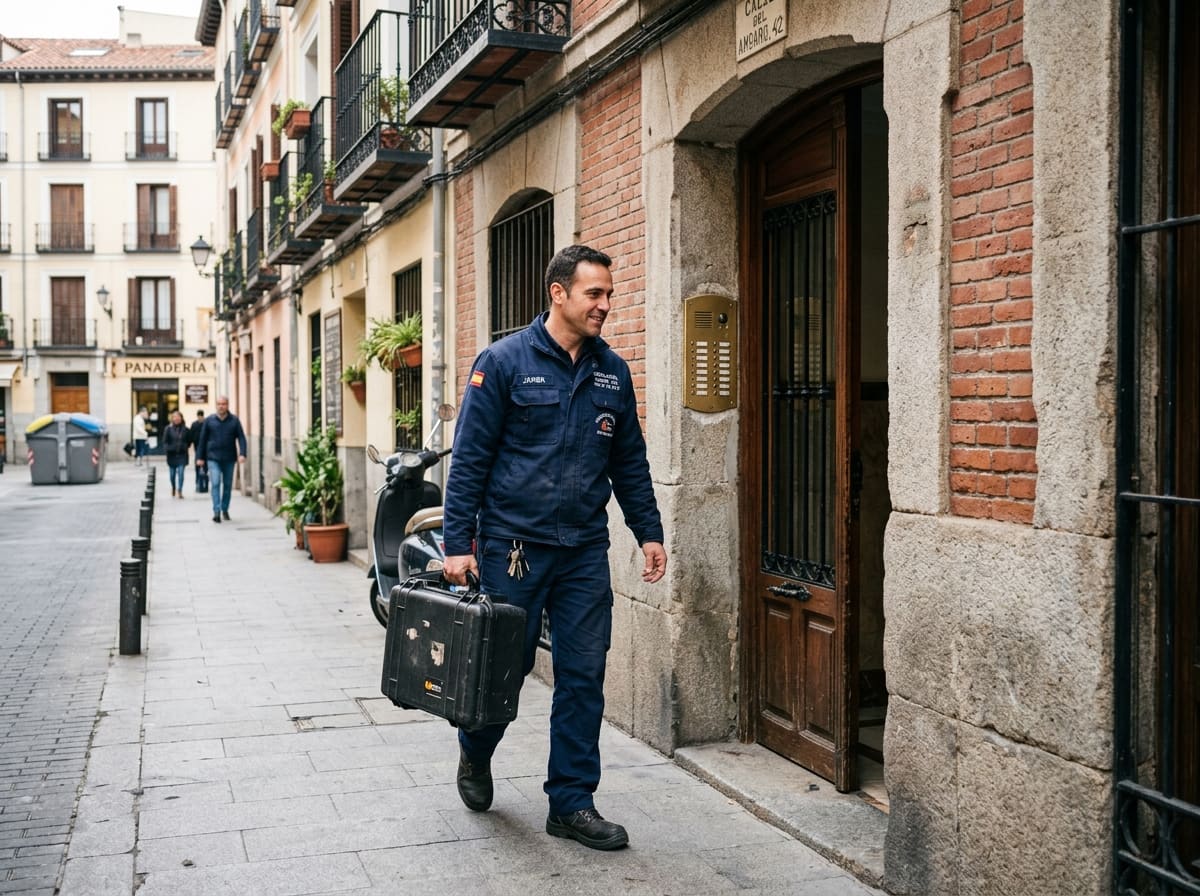 Ilustración: cerrajero con maletín de herramientas junto a un portal de madera con portero automático, Arganzuela