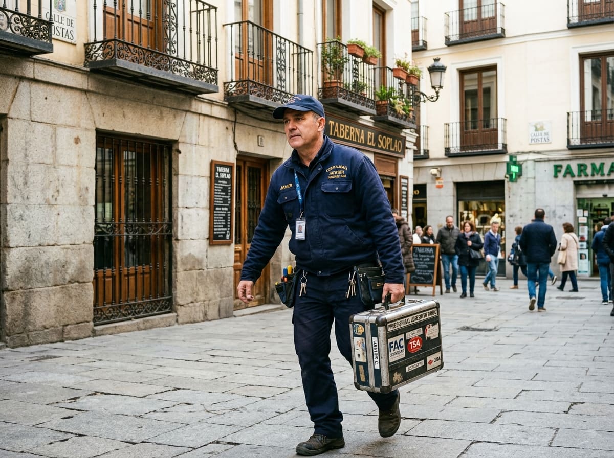 Ilustración: cerrajero caminando con su maletín por una calle estrecha del casco histórico, Centro de Madrid