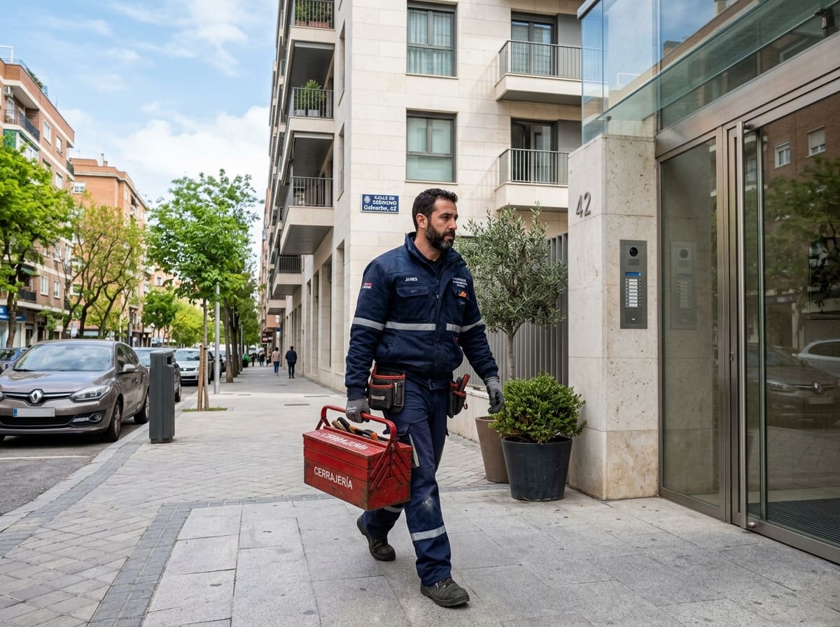 Ilustración: cerrajero con maletín de herramientas camino de un portal, Chamartín