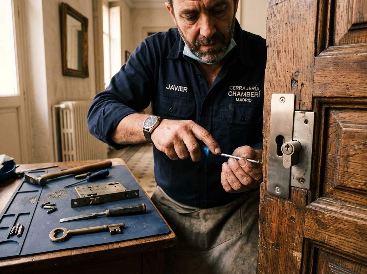 Ilustración: cerrajero trabajando sobre una puerta de madera antigua con cerradura de embutir, Chamberí