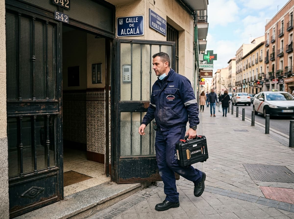 Ilustración: cerrajero con maletín de herramientas junto a un edificio de viviendas, Ciudad Lineal