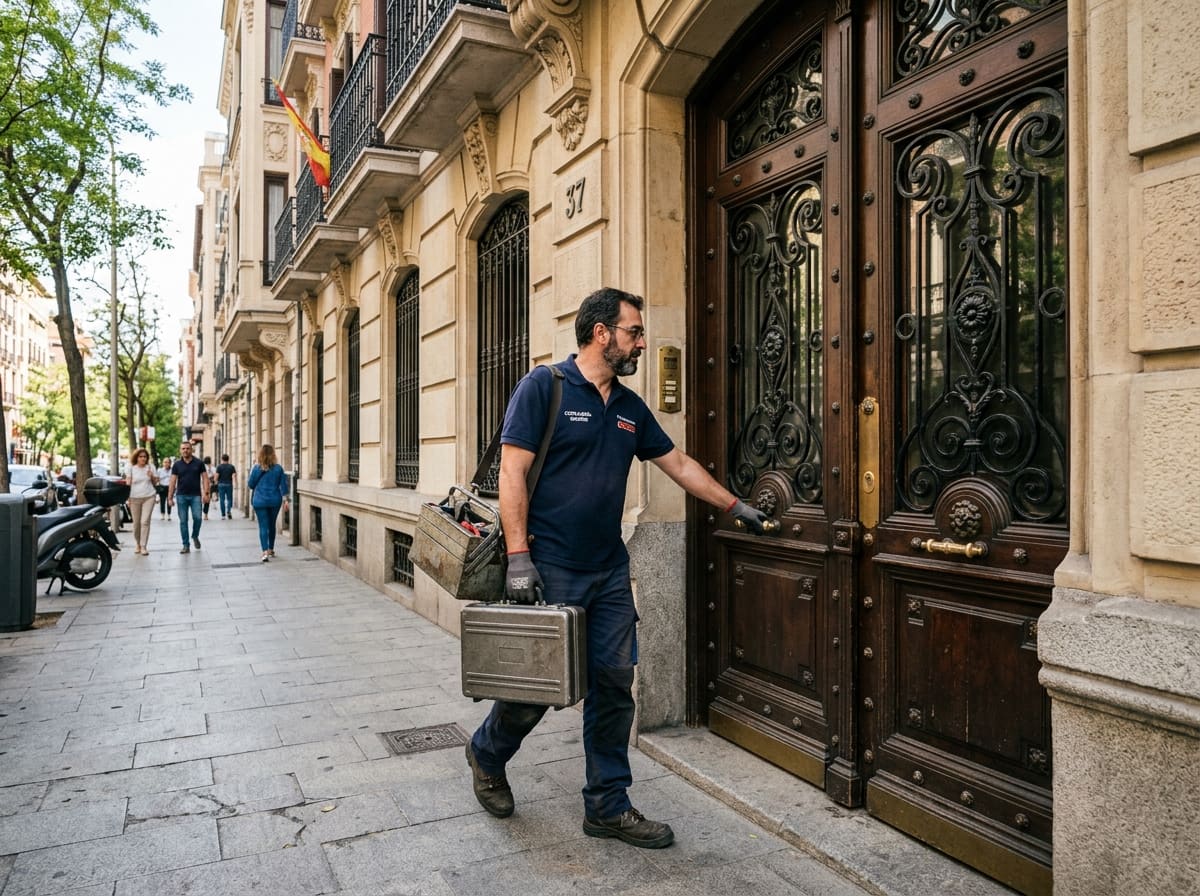 Ilustración: cerrajero con su equipo en la entrada de un edificio, Moncloa-Aravaca