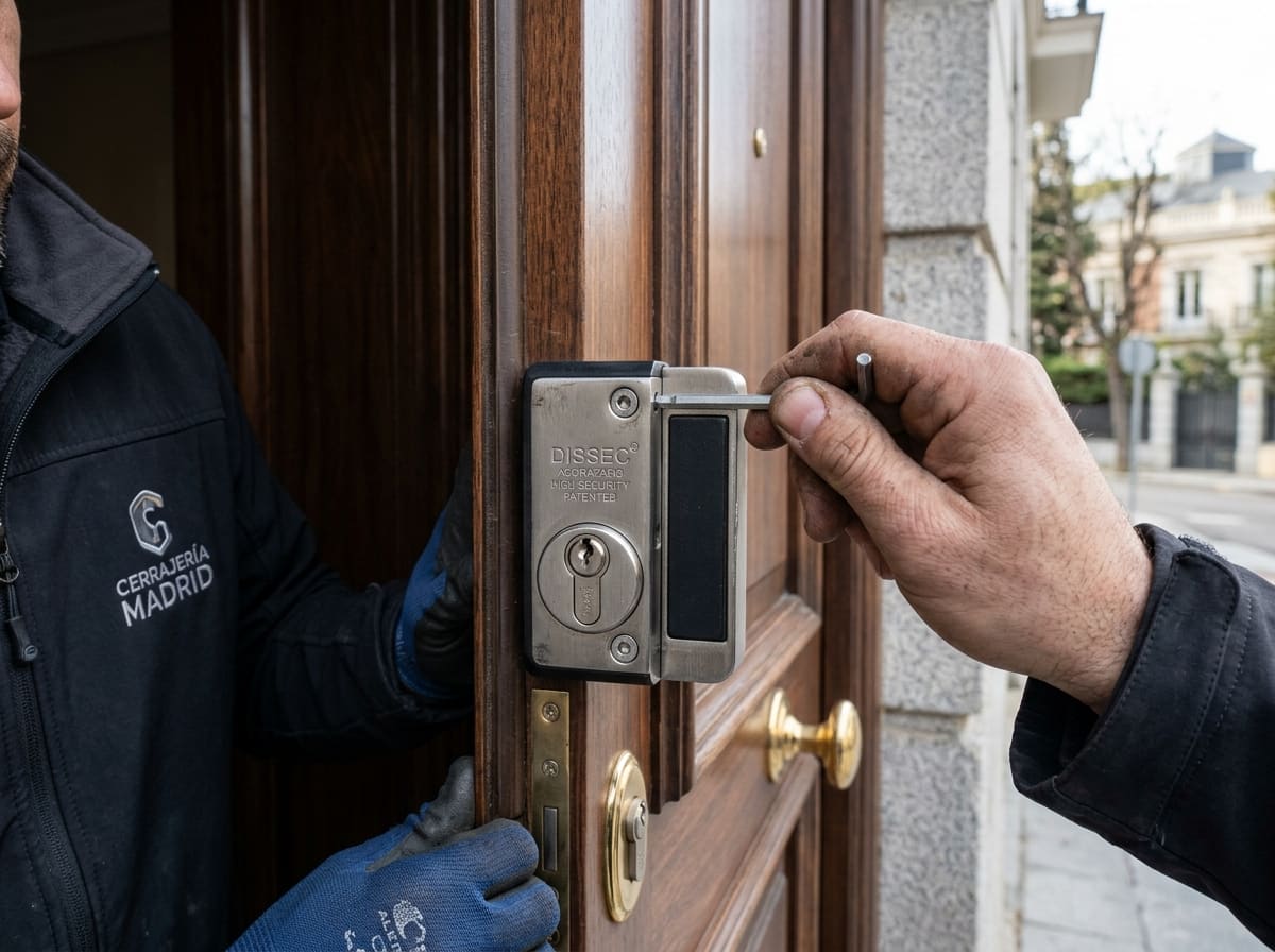 Ilustración: escudo acorazado sobre el cilindro de la puerta de una vivienda, Moncloa-Aravaca