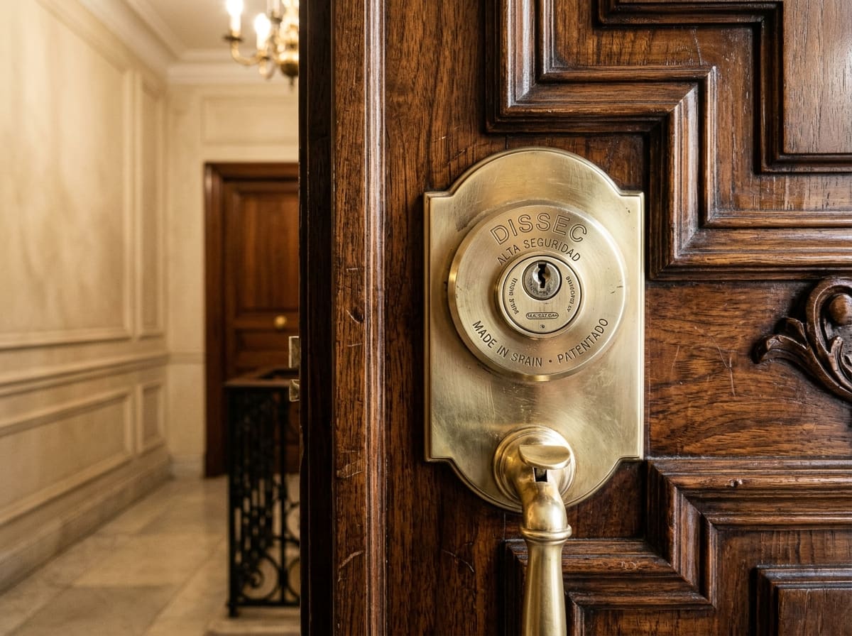 Ilustración: escudo acorazado sobre el cilindro de una puerta de vivienda, Salamanca