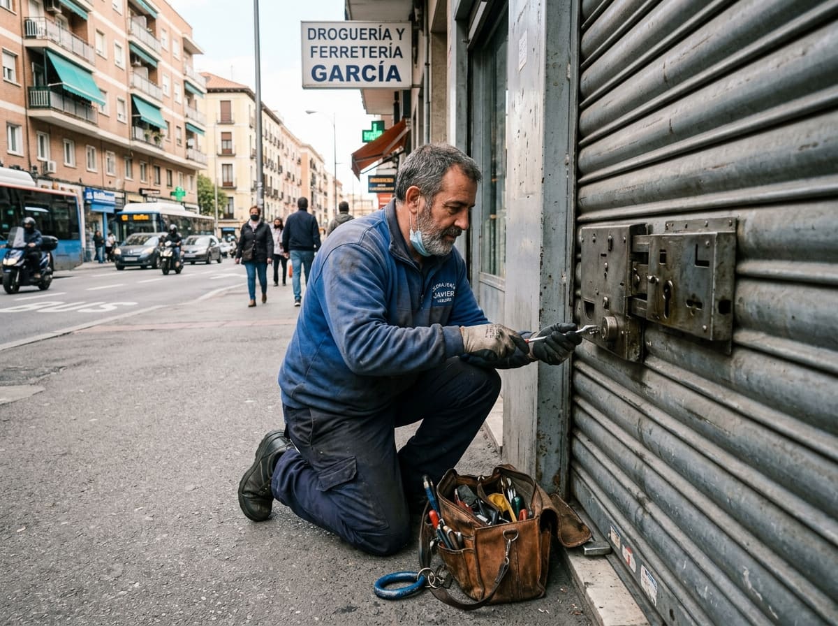 Ilustración: persiana metálica de un local comercial con su cerradura, Tetuán