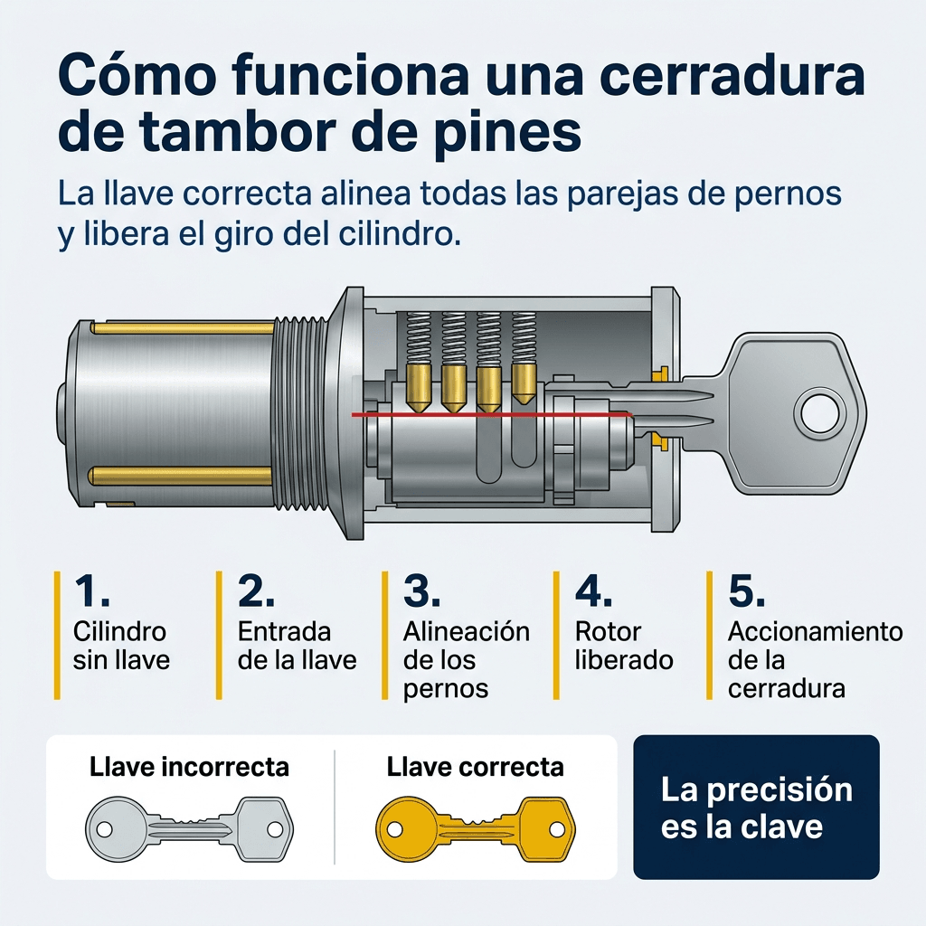 Infografía de cómo funciona una cerradura de tambor de pines en cinco pasos: cilindro sin llave, entrada de la llave, alineación de los pernos, rotor liberado y accionamiento de la cerradura