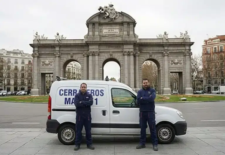 Profesionales de cerrajería preparados con maletín de herramientas e intervención