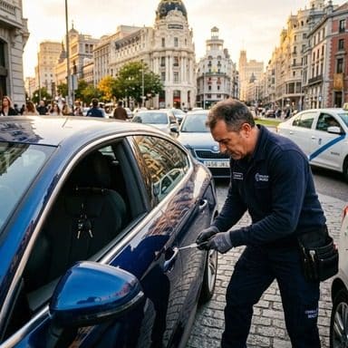 Cerrajero abriendo con herramienta específica un coche con las llaves dentro en plena Gran Vía de Madrid
